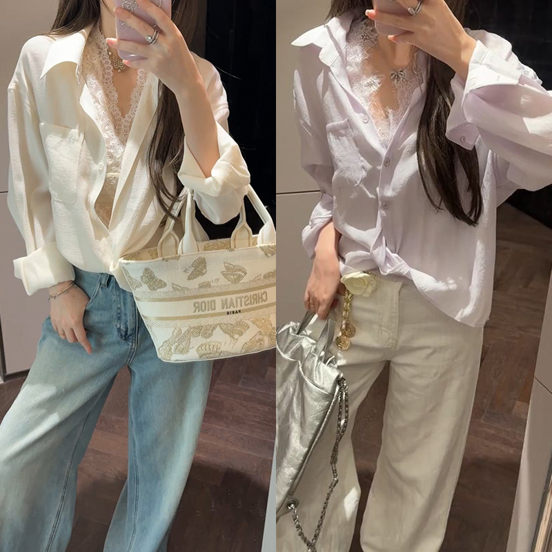 【mimius】&喵喵 极简气场-蕾丝背心叠穿衬衫两件套 G03029