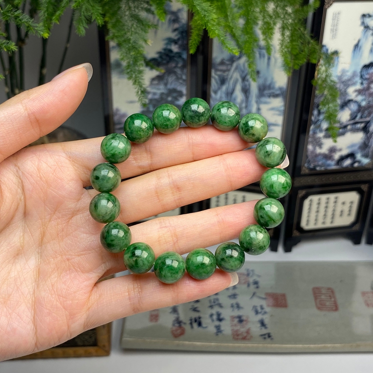 老料辣绿满色圆珠手串 天然翡翠A货