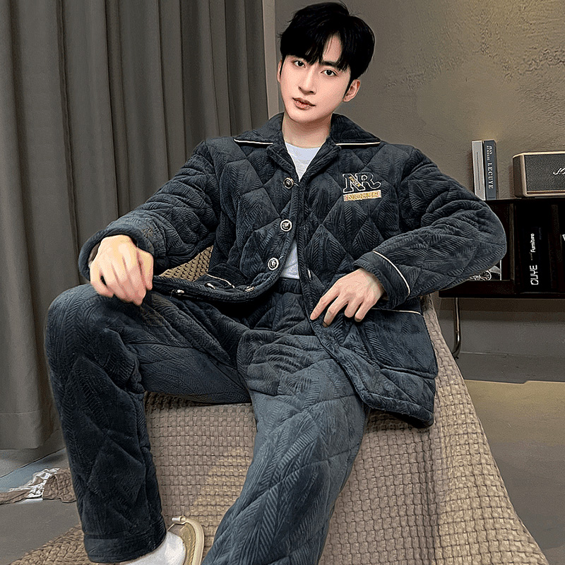男士睡衣冬款加绒加厚家居服套装新款保暖厚款棉服三层夹棉睡衣