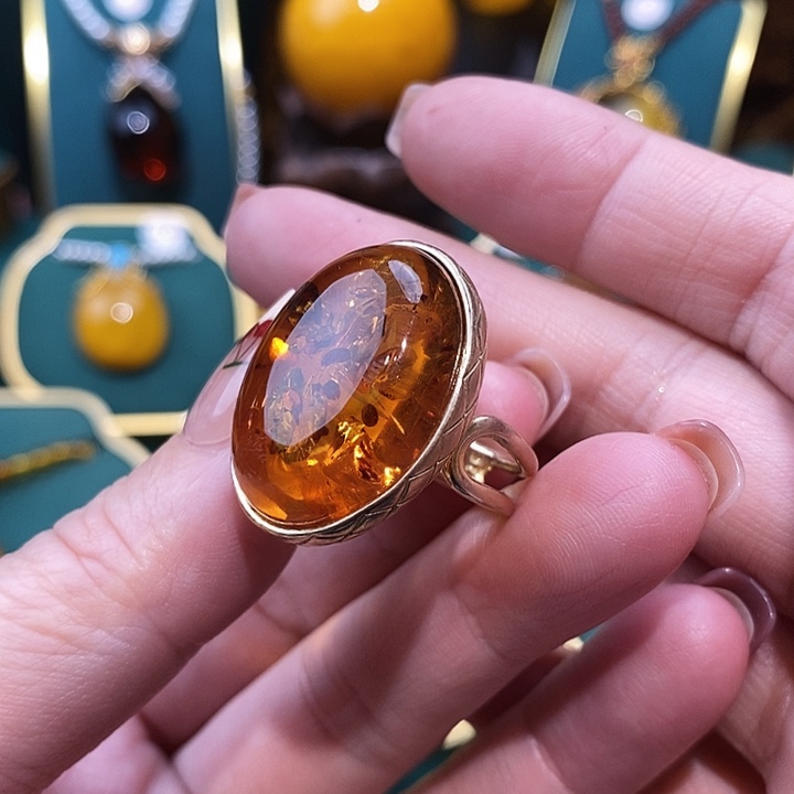 琥珀（花珀）戒指银S925镀金镶嵌