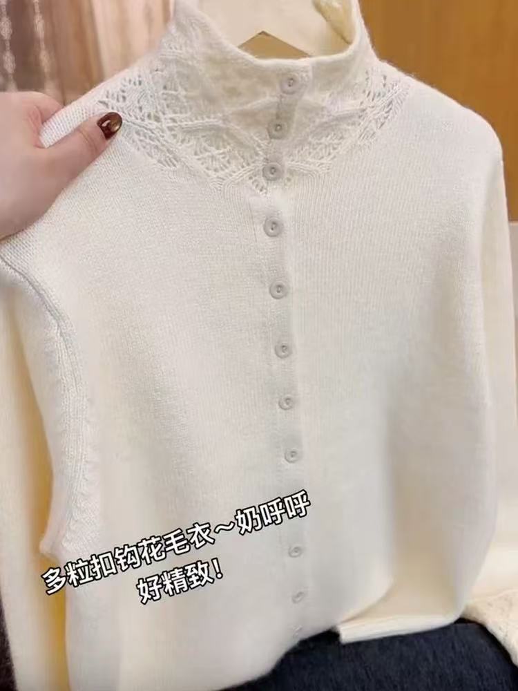 秋冬百搭高领钩花针织衫女长袖开衫温柔设计感显瘦毛衣