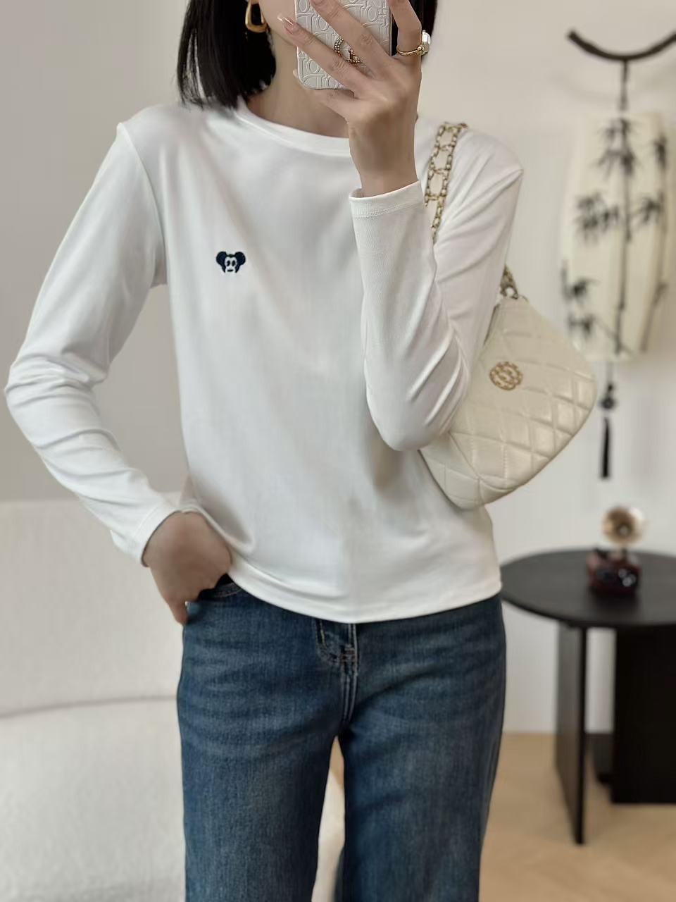 aBL滨莉家【刺绣米奇】金标水溶细羊毛打底衫百搭秋冬长袖圆领上衣