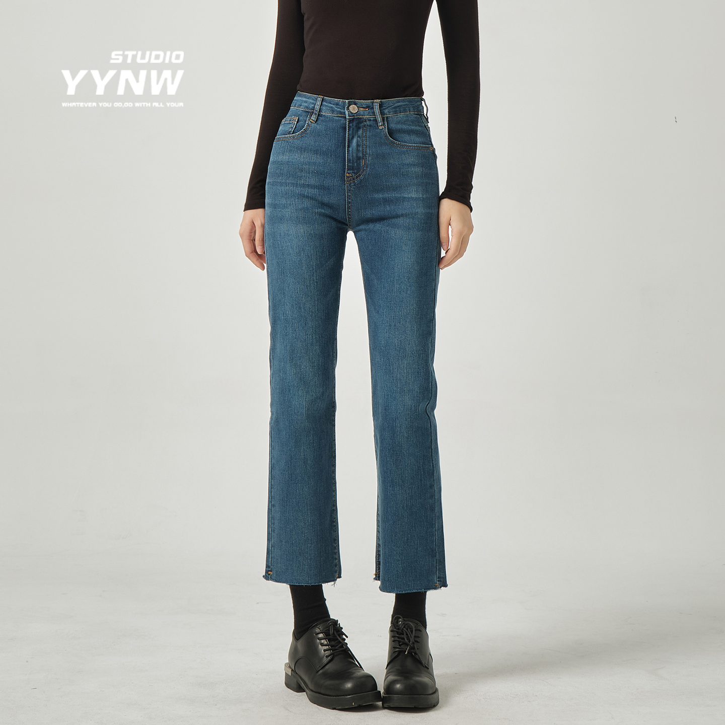 加绒加厚毛边高腰直筒牛仔裤女弹力显瘦小个子九分烟管裤法棍裤子