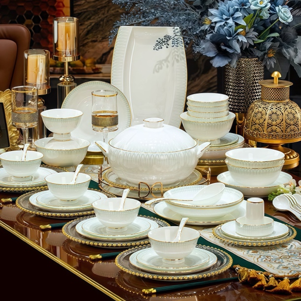 景德镇  新款简约高端骨瓷餐具  新婚嫁娶乔迁豪宅套装礼品碗碟盘