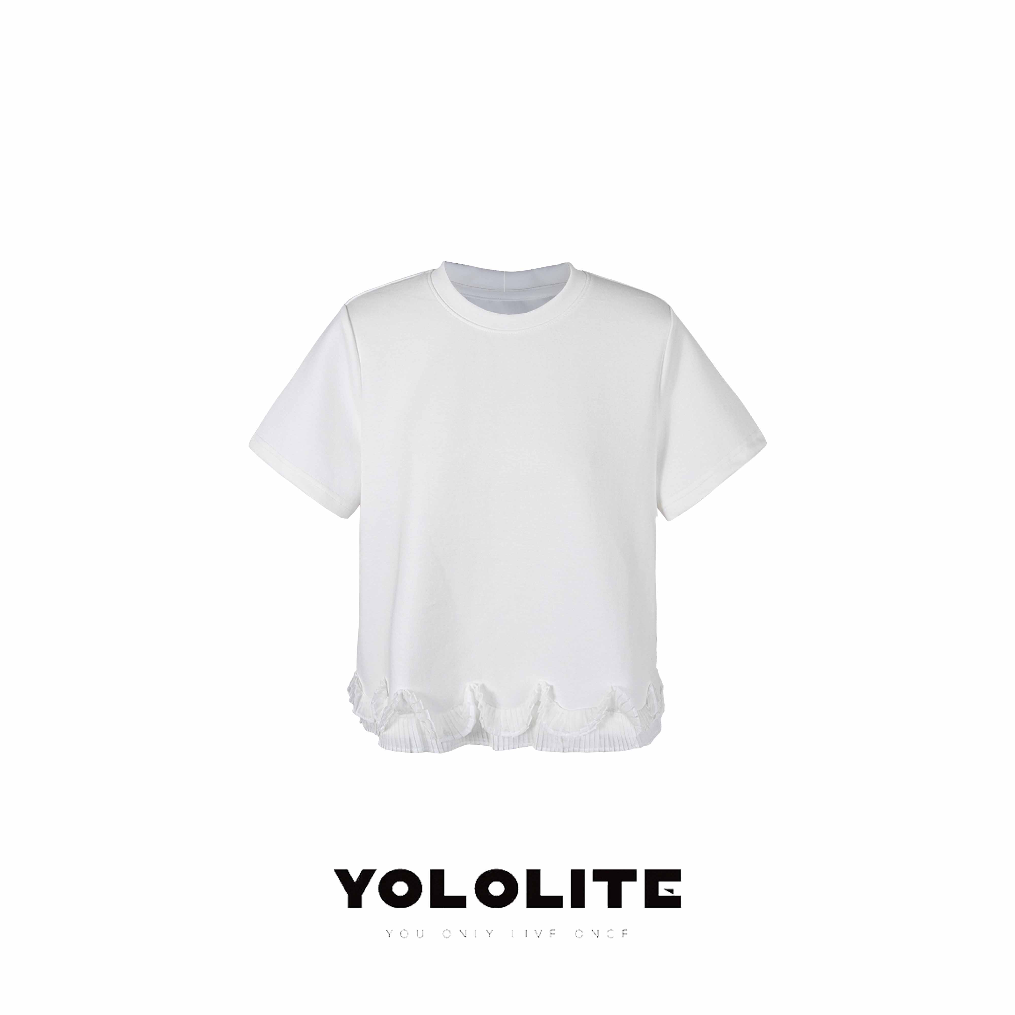 YOLOLITE【花边白T】2734设计感拼接百褶荷叶边下摆短袖T圆领上衣