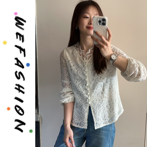 【WE】杏色复古V领蕾丝套头上衣