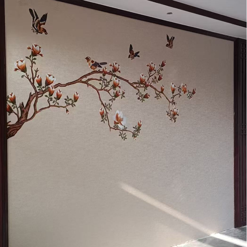 独绣刺绣无缝壁布花鸟鹊返鸾回橙客厅电视沙发背景墙独秀布新中式