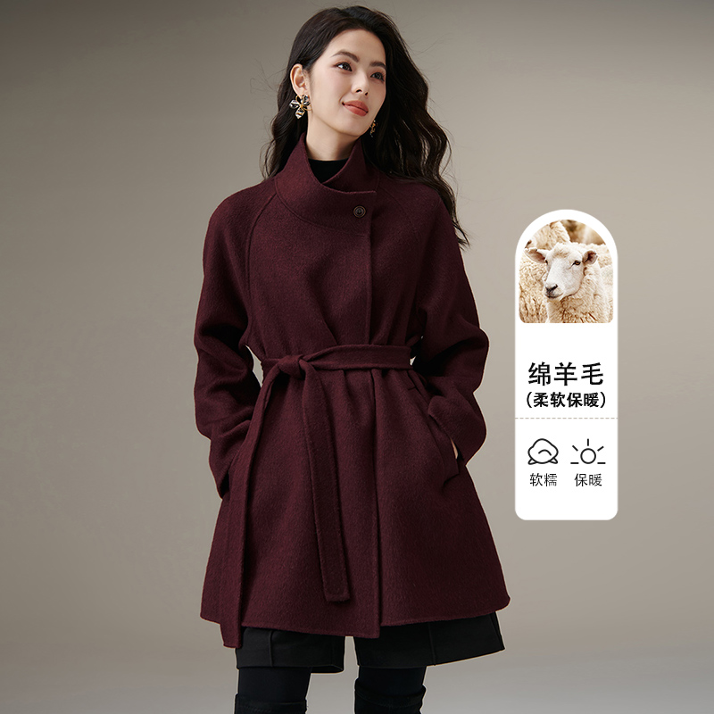 晚白【新品】2025冬短外套收腰系带大衣女25071520