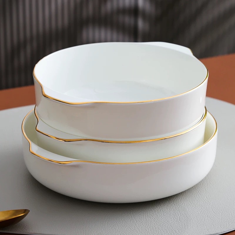 景德镇釉下彩高温骨瓷餐具金边双耳加深防烫碗家用网红蒸蛋汤菜盘