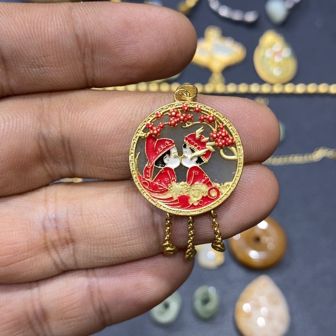 和田玉颈饰银S925镀金镶嵌