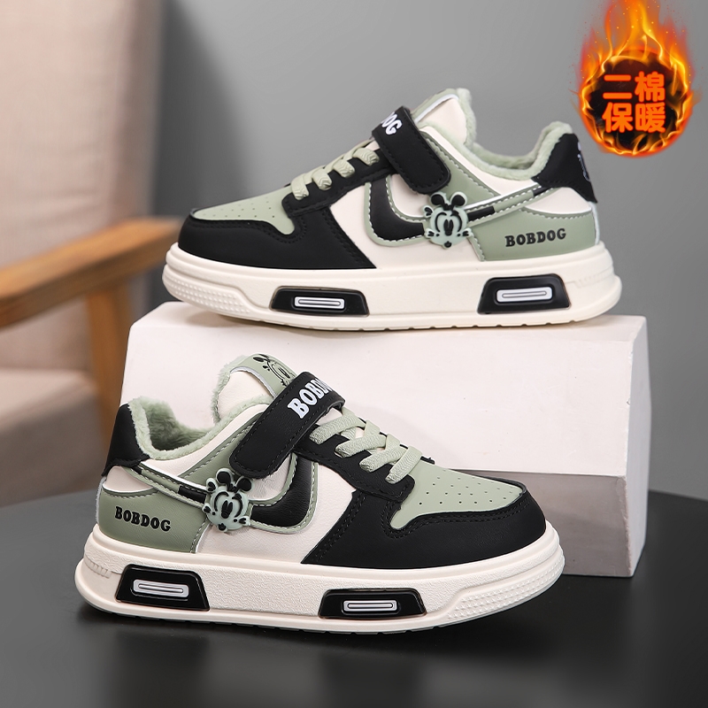 Bobdog/巴布豆冬季加绒保暖童鞋男童低帮板鞋女童鞋子皮面防水