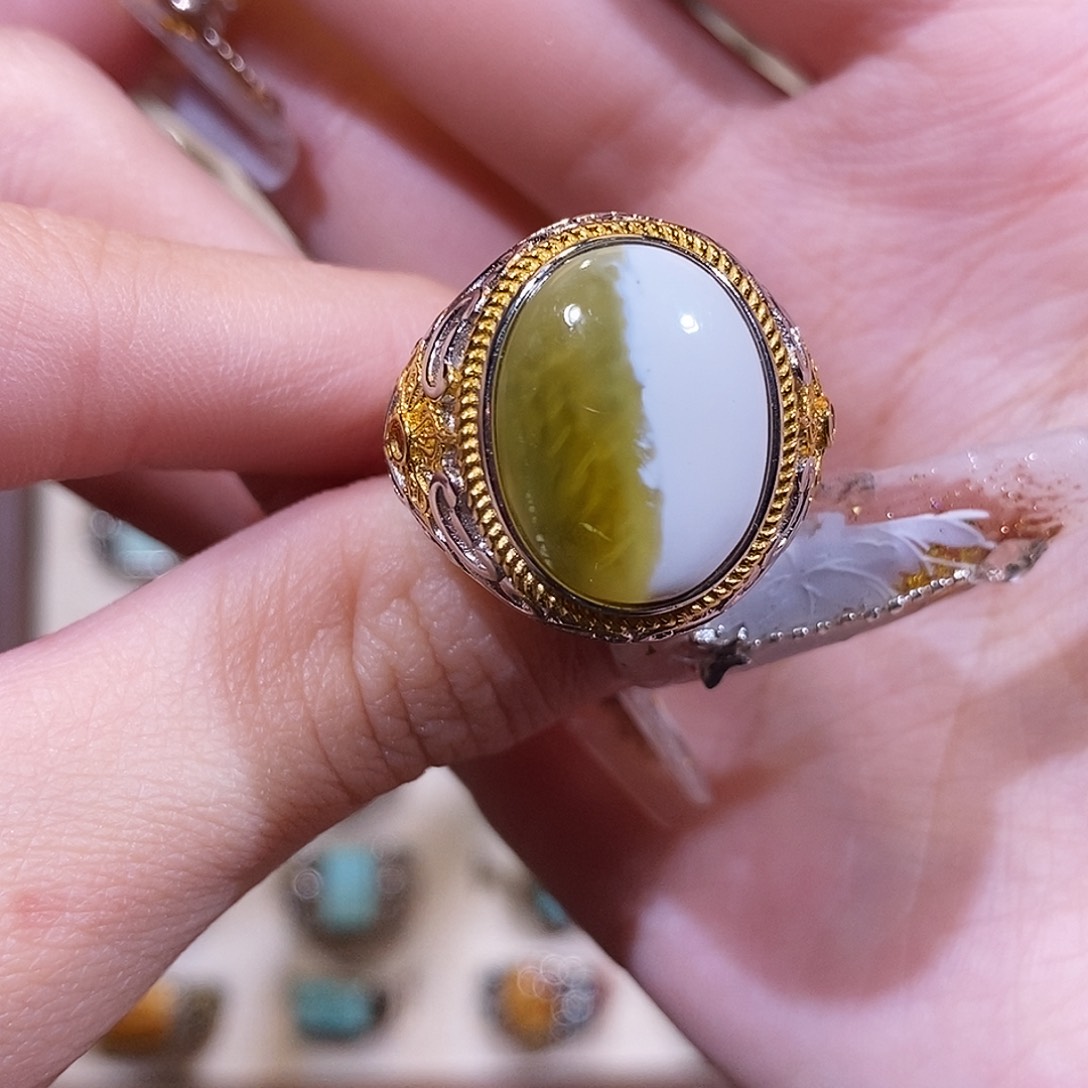 琥珀戒指银S925镶嵌奶****?戒指