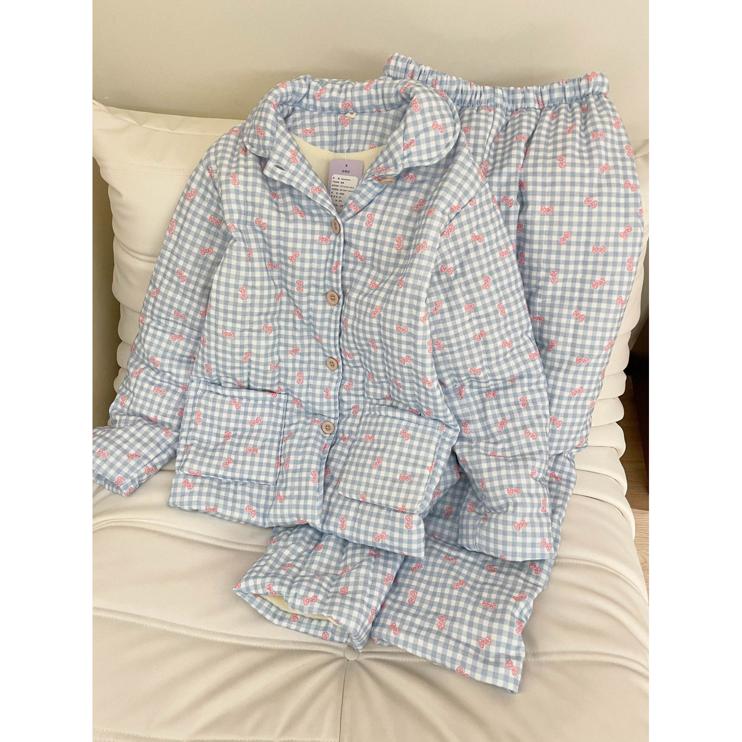 甜美少女风蝴蝶结格纹夹棉睡衣女冬季新款加厚保暖家居服大码套装