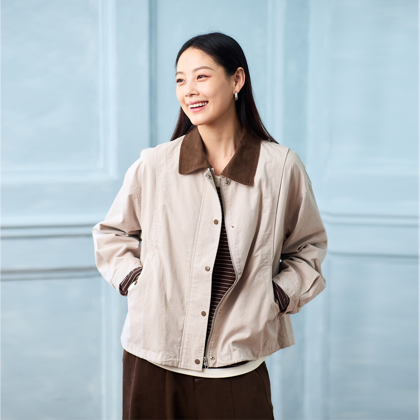 无色无味秋外套女款休闲夹克短款全棉撞色美拉德风妈妈通勤女装