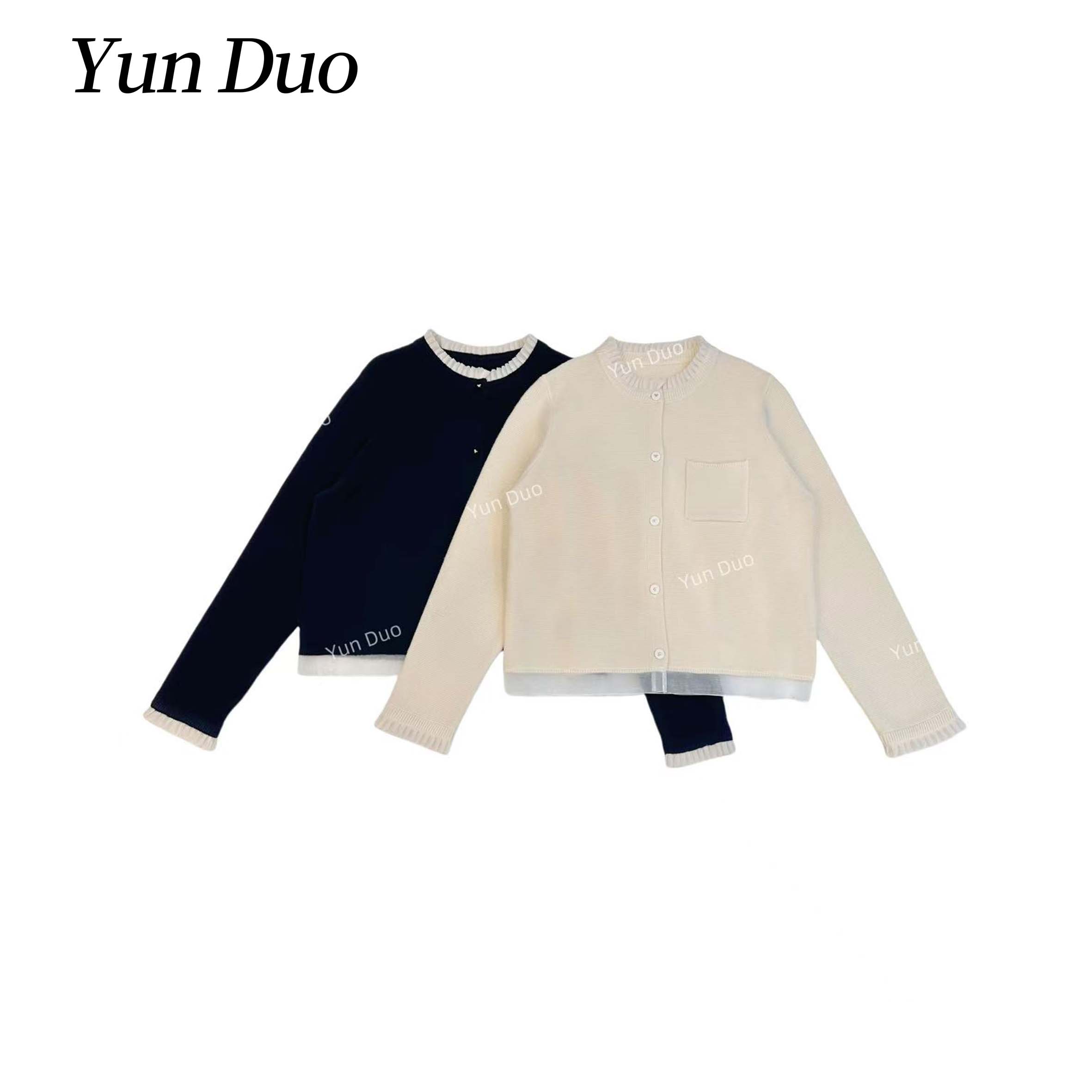 云朵定制【莉莉香】木耳边小香拼接开衫毛衣LH49