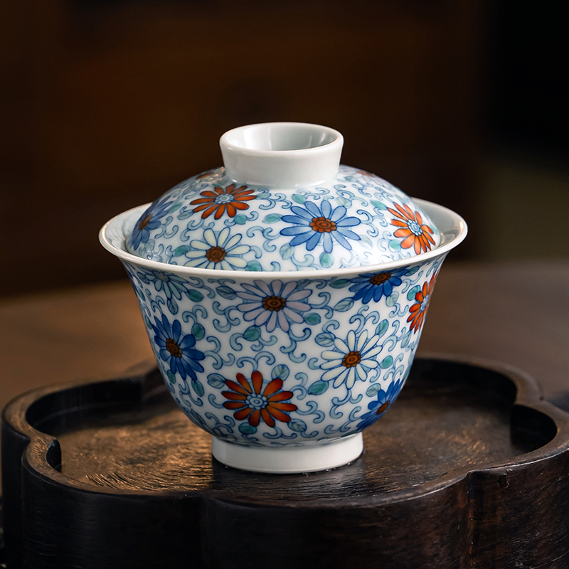 一思堂陶瓷三才盖碗景德镇青花斗彩手绘小雏菊盖碗高端壶承泡茶器