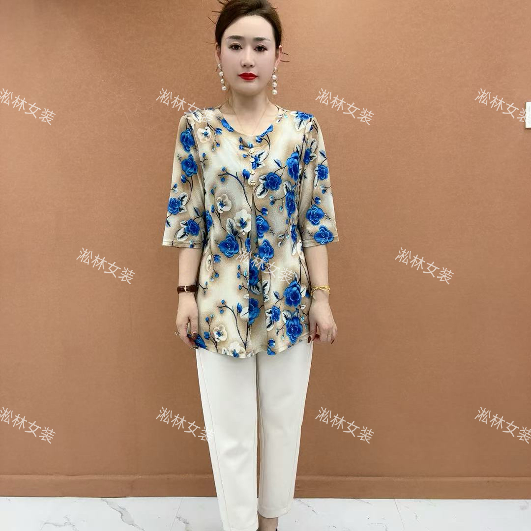 时尚大码妈妈装夏装气质薄款宽松显瘦遮肚子减龄百搭中老年小衫女