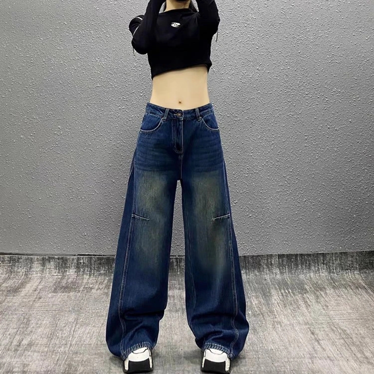 美式复古蓝色加绒加厚弯刀牛仔裤女高腰显瘦宽松阔腿拖地裤冬季