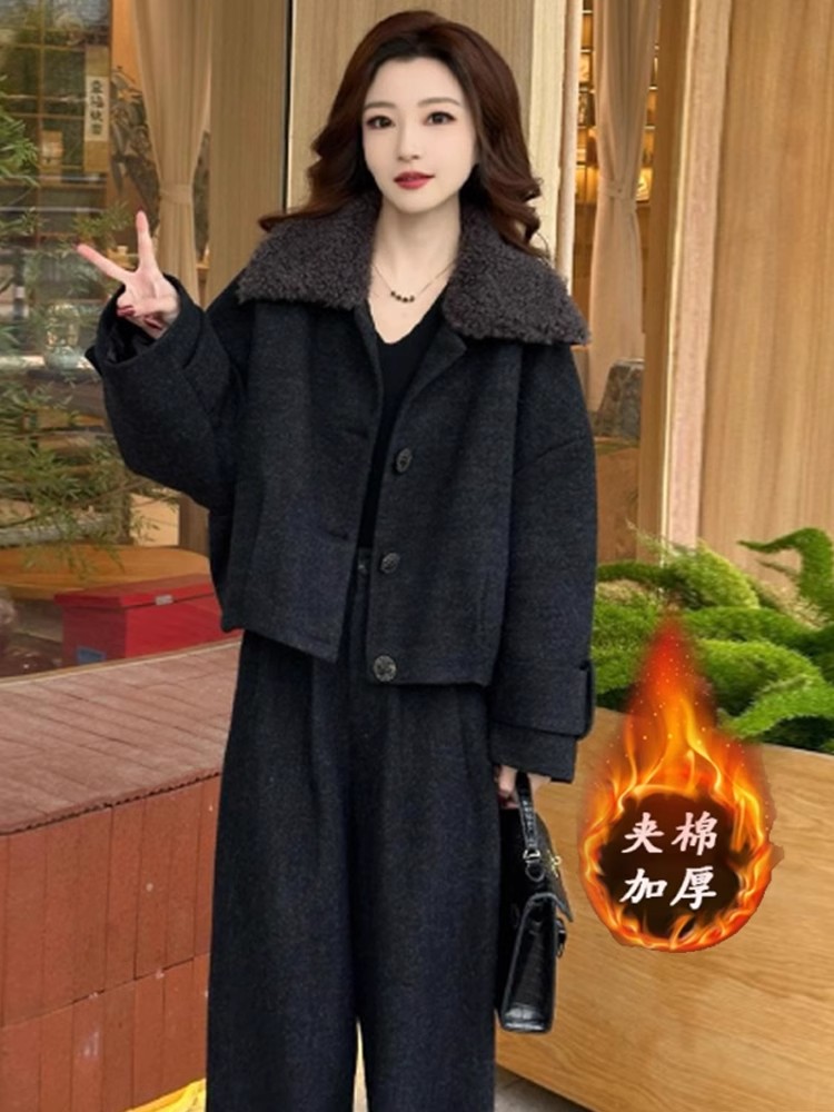 〈纪朵研〉1636秋冬小个子翻领短款外套阔腿裤两件套