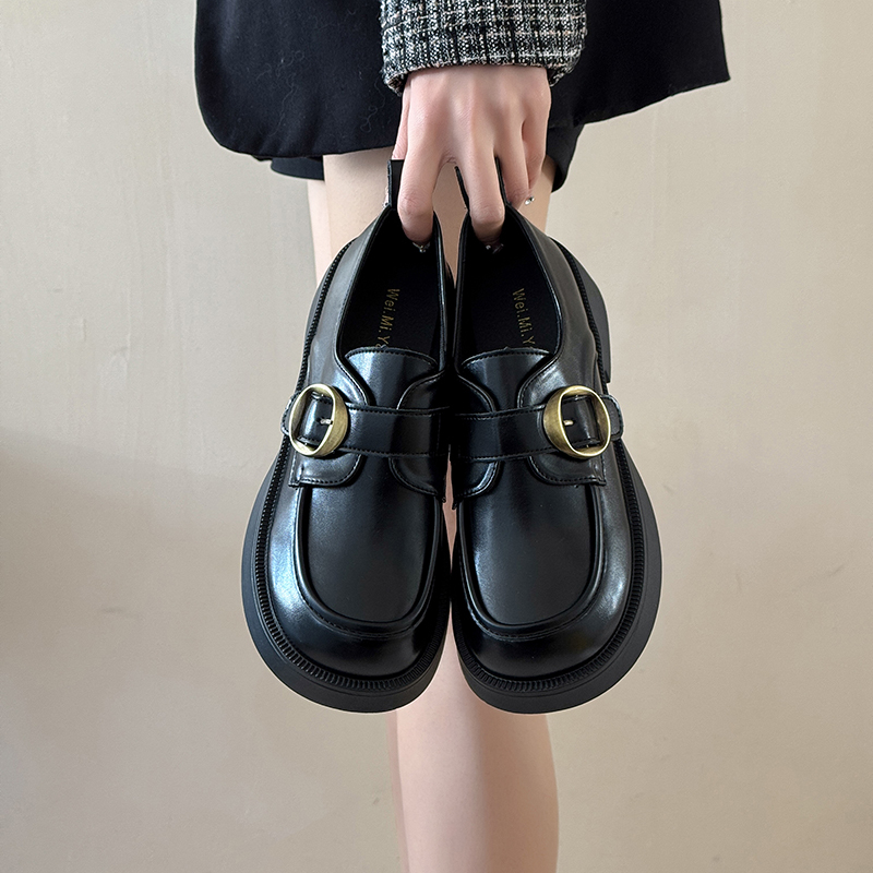 厚底乐福鞋女2025新款夏秋英伦风小皮鞋百搭黑色单鞋子魔术贴女鞋