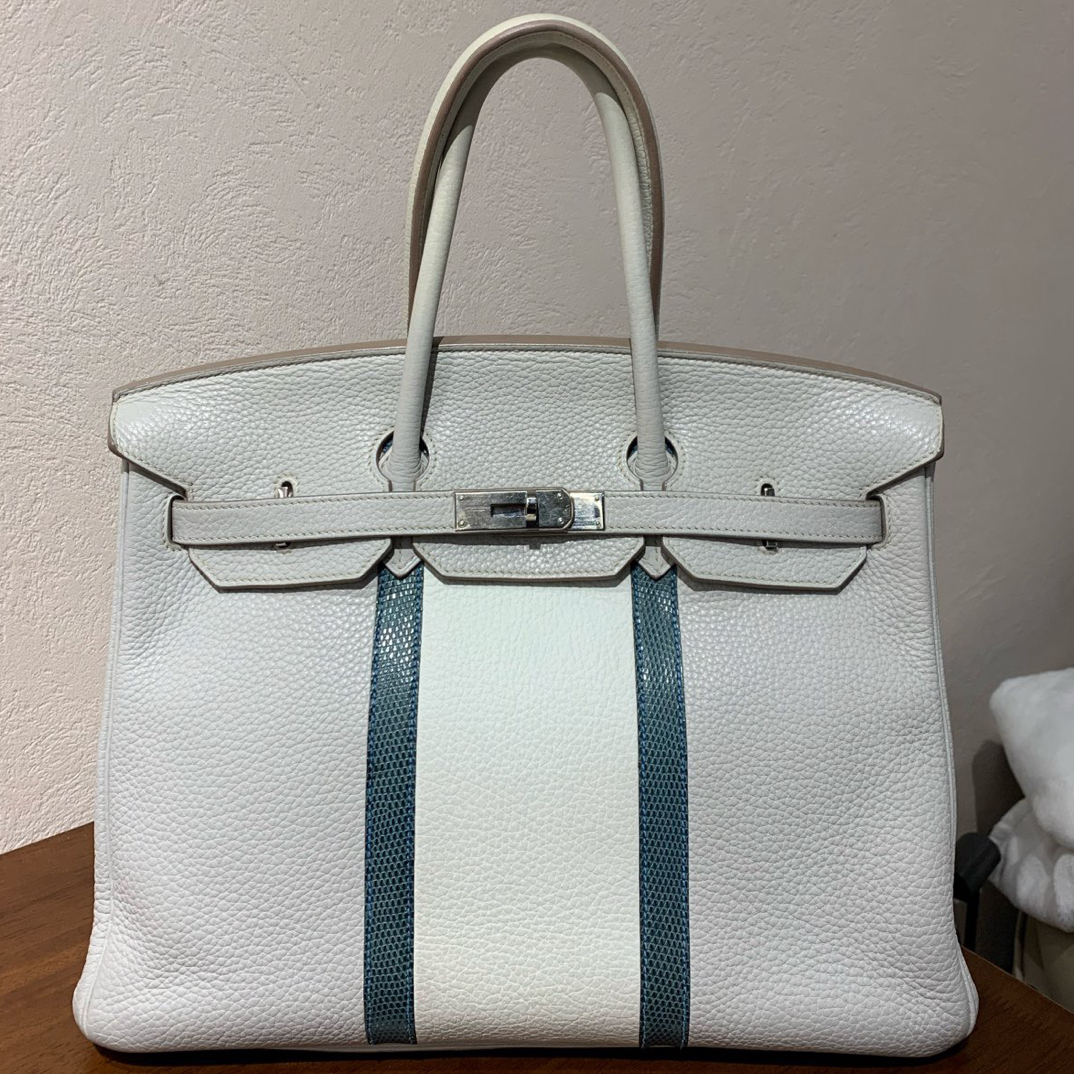 95新 Hermes/爱马仕 birkin35珍珠灰拼纯白拼蓝色蜥蜴银扣