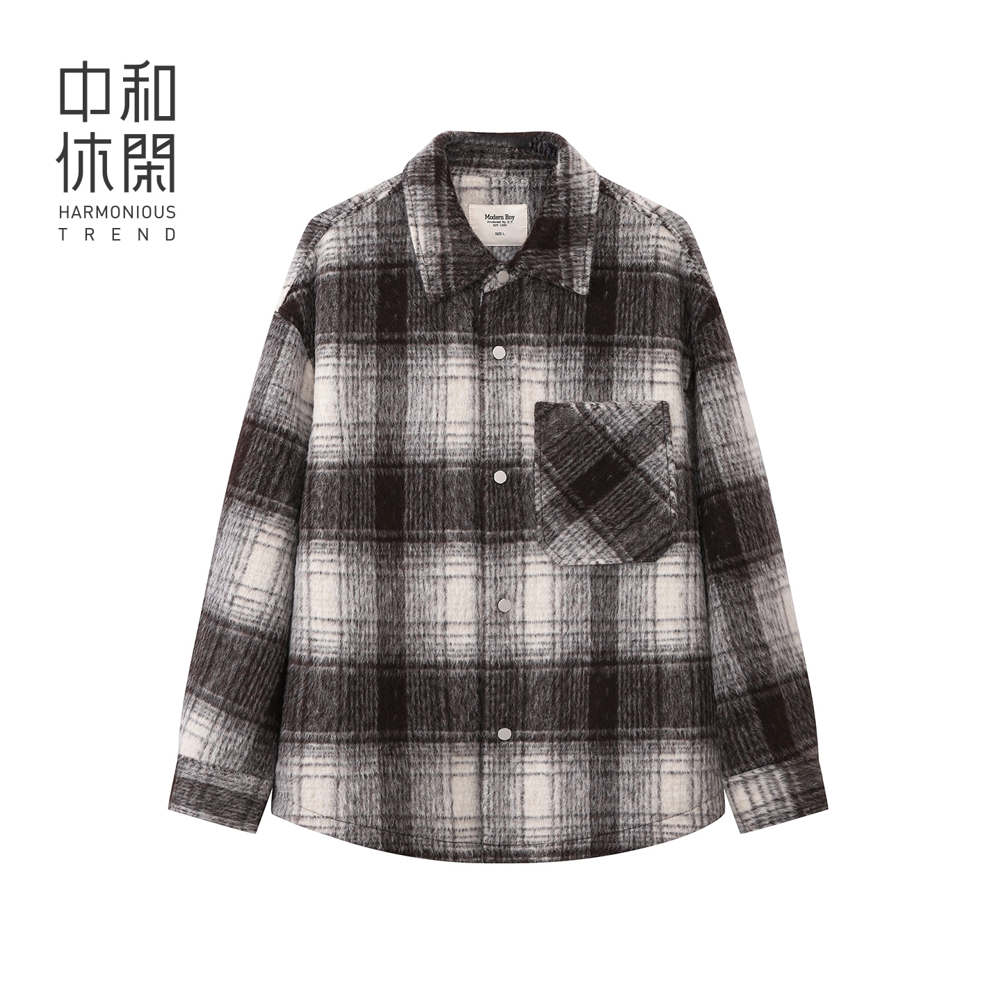 中和休闲男士宽松翻领呢外套25冬季新款格子英伦风外套H74246311