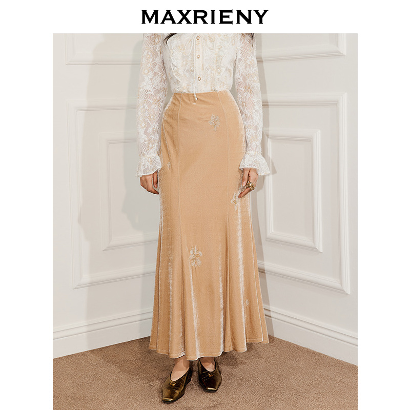 MAXRIENY亮光丝绒正派穿搭中长裙25冬款气质感珠绣鱼尾高腰半裙