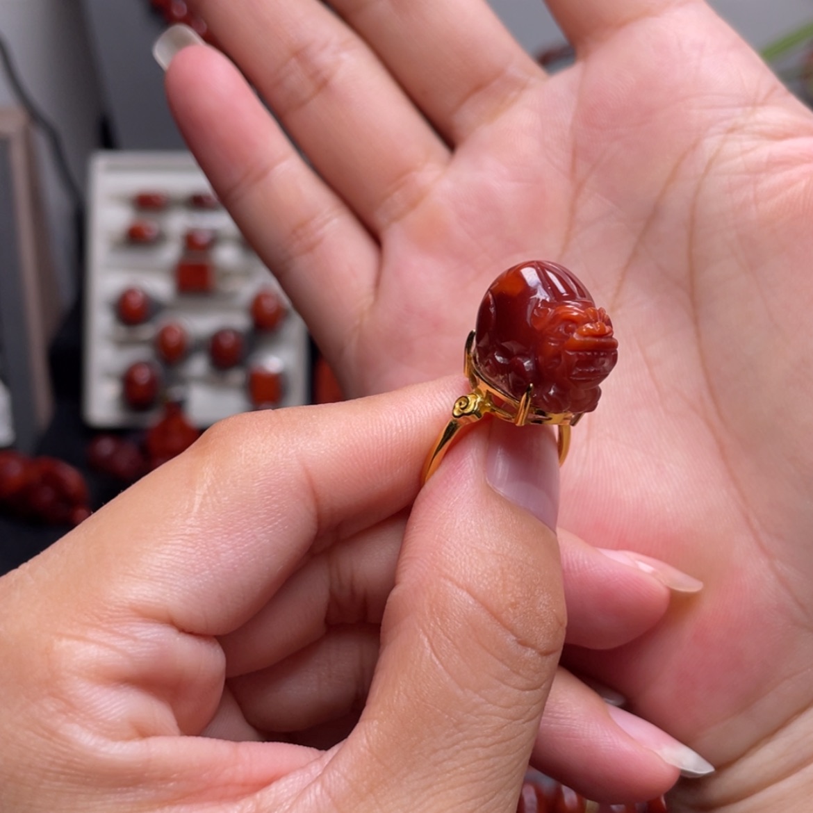 【闪购商品】南红玛瑙貔貅戒指银S925镶嵌静*乐