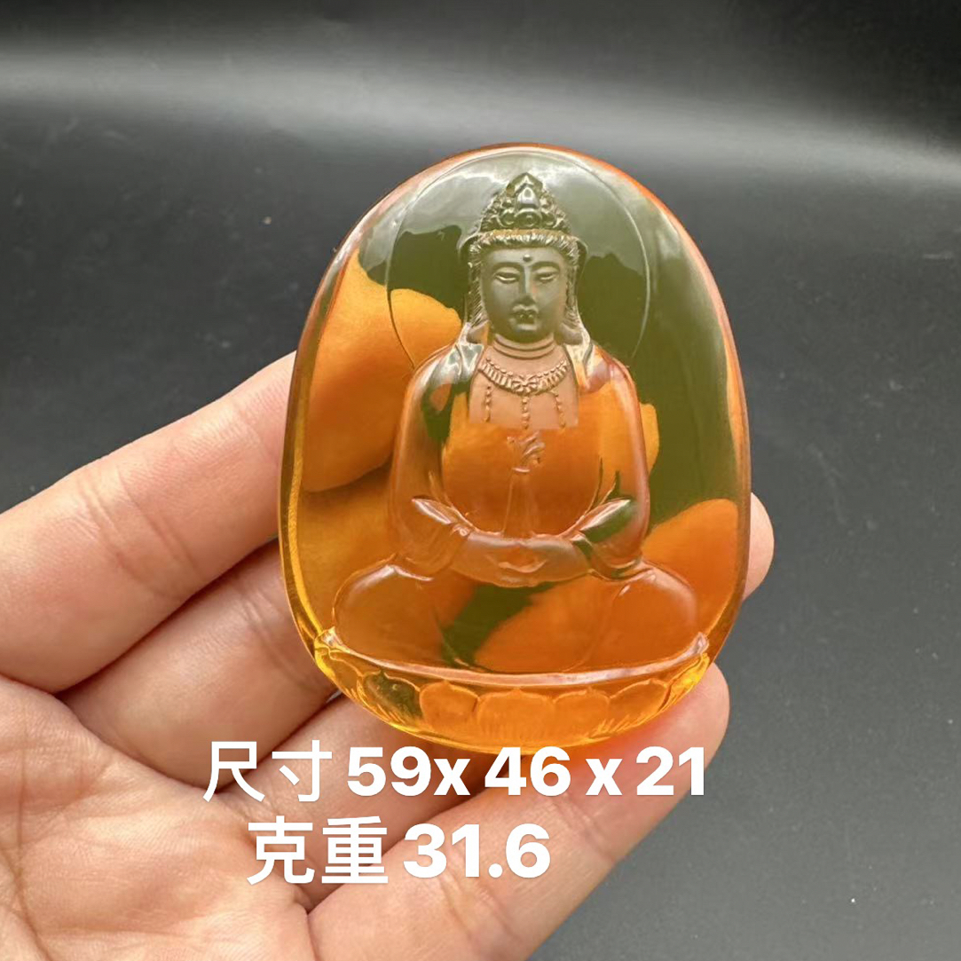 缅甸天然琥珀大师工雕刻素衣观音吊坠挂件