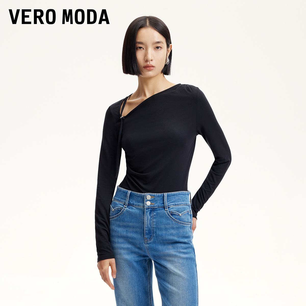 Vero Moda商场同款新品T恤斜肩可调节系带收腰褶皱洋气衣服女游