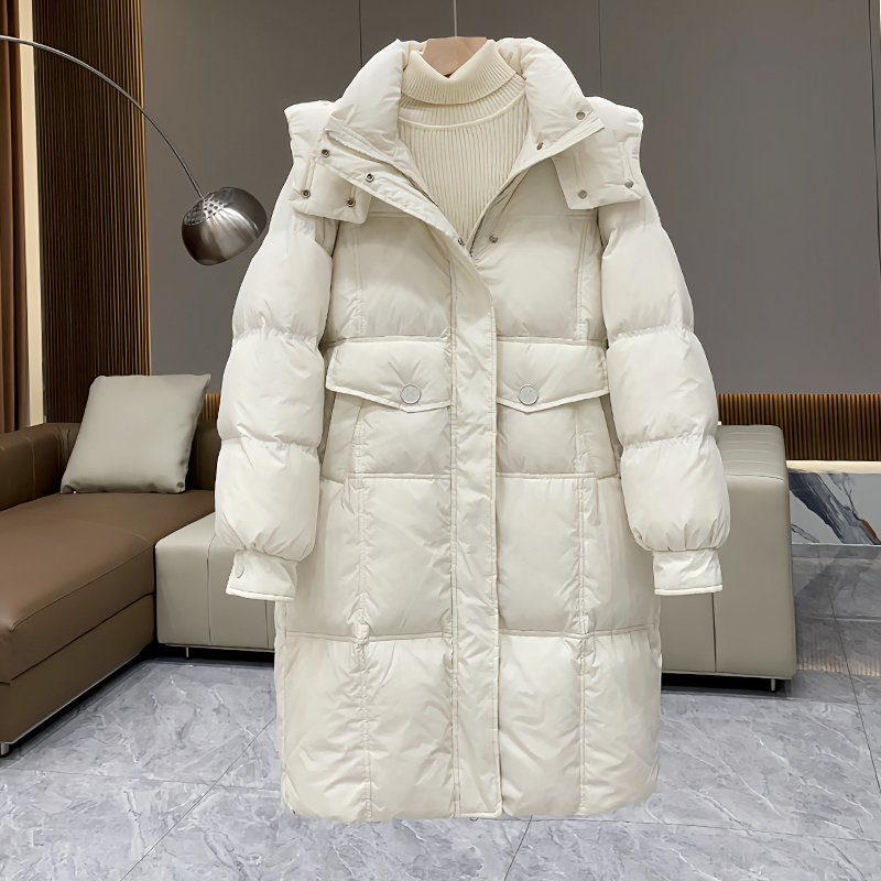 韩版M扣中长款白鸭绒气质时尚保暖过膝加厚连帽羽绒服