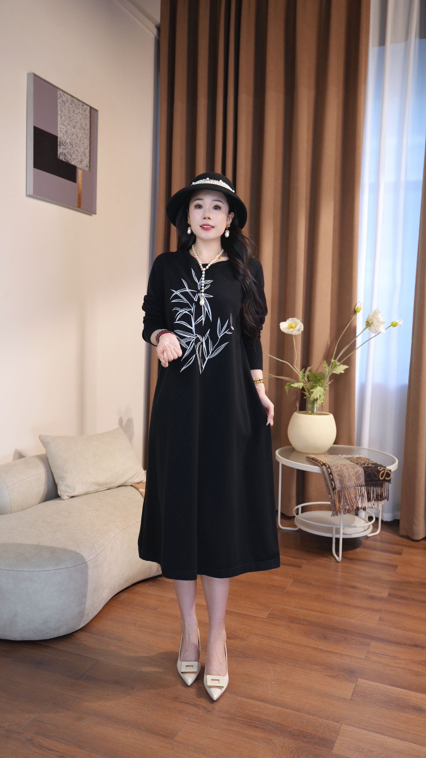  03222 新中式竹子秋冬新款加厚百搭宽松大码连衣裙