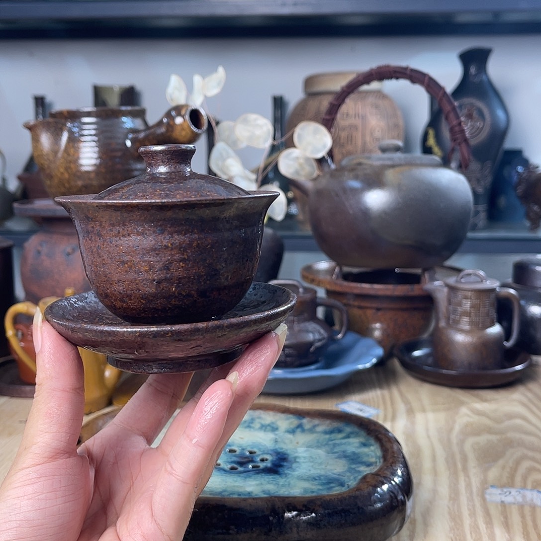 碟紫砂粗陶实用盖碗