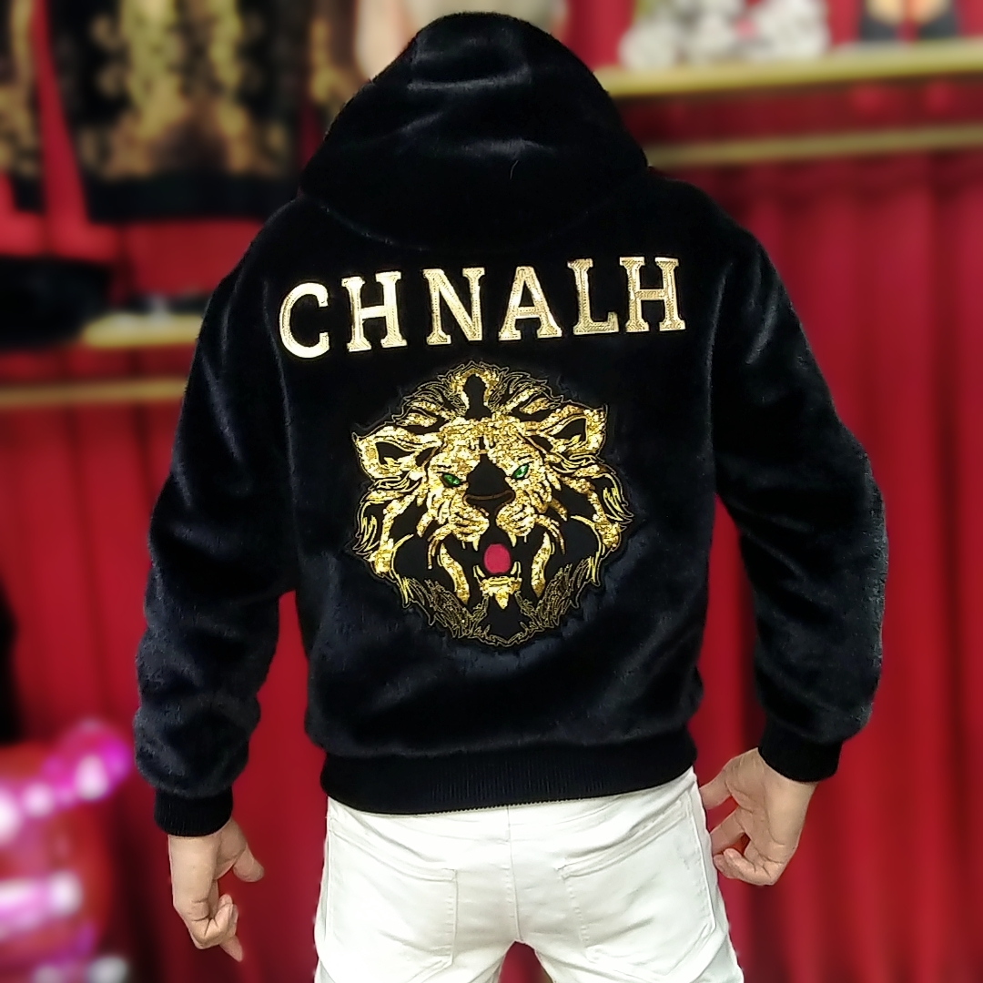 欧货冬季新款男士时尚潮流连帽金雕绒加厚刺绣保暖休闲百搭外套