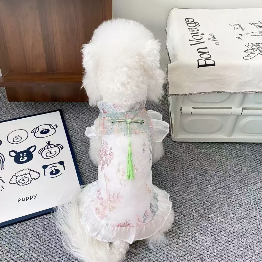 宠物春夏新中式狗狗猫无袖盘扣流光透气纱国风旗袍薄款衣服比熊