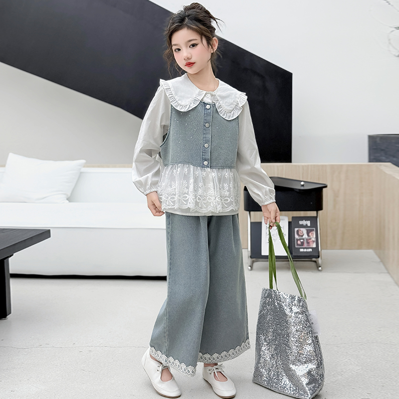 【酷哒仔】女童烫钻蕾丝花边牛仔马甲阔腿裤三件套装2025春秋中大童