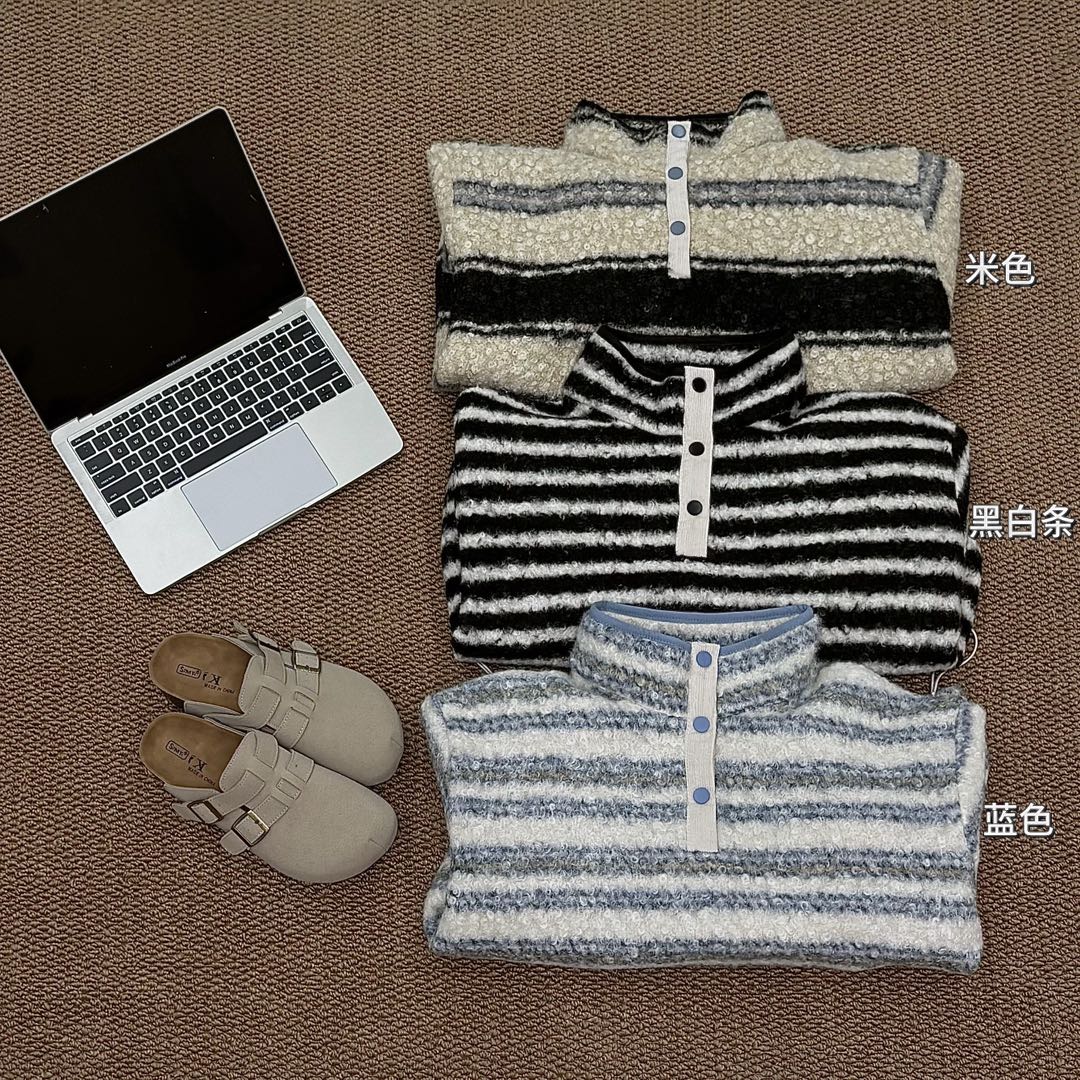 25秋冬新款条纹立领毛衣百搭简约韩系上衣-5669