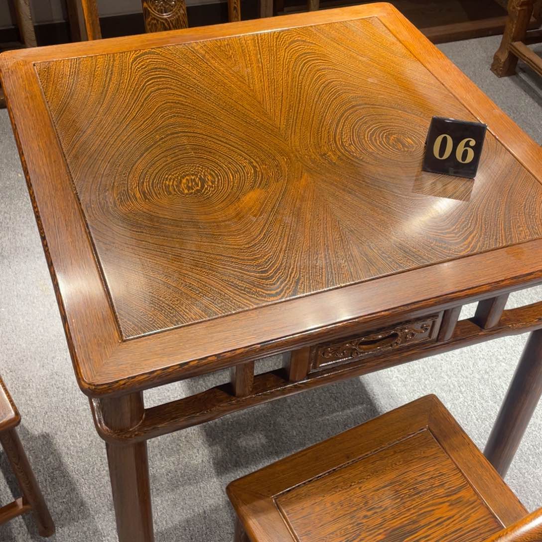 鸡翅木类成套家具@***存78/73方桌五件套带玻璃样品