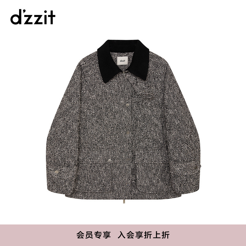 dzzit地素棉服24冬新款小香风拼接翻领宽松廓形外套女3I4H2714A