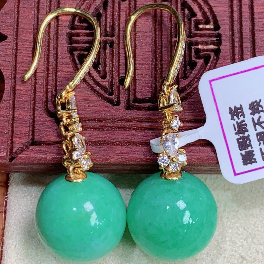 天然缅甸A货翡翠玉石珠宝18k金镶阳绿圆珠耳钩色正浓郁j珠径12mm