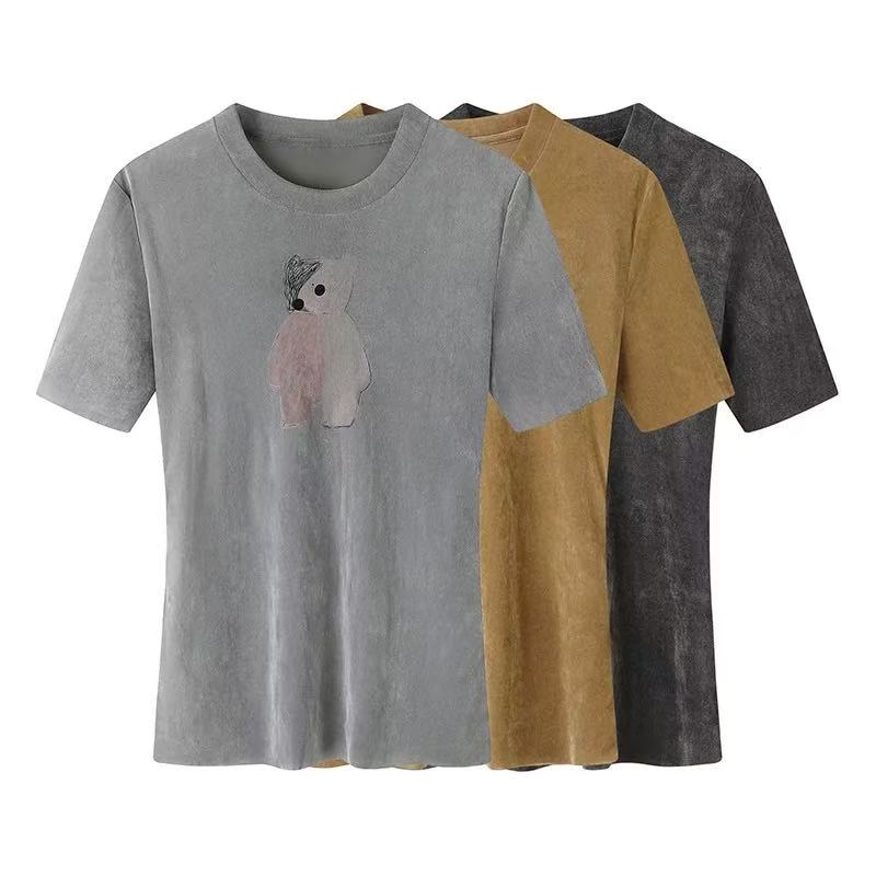 G6666-新品薄绒小熊印花短袖休闲百搭显瘦T恤.Y8246