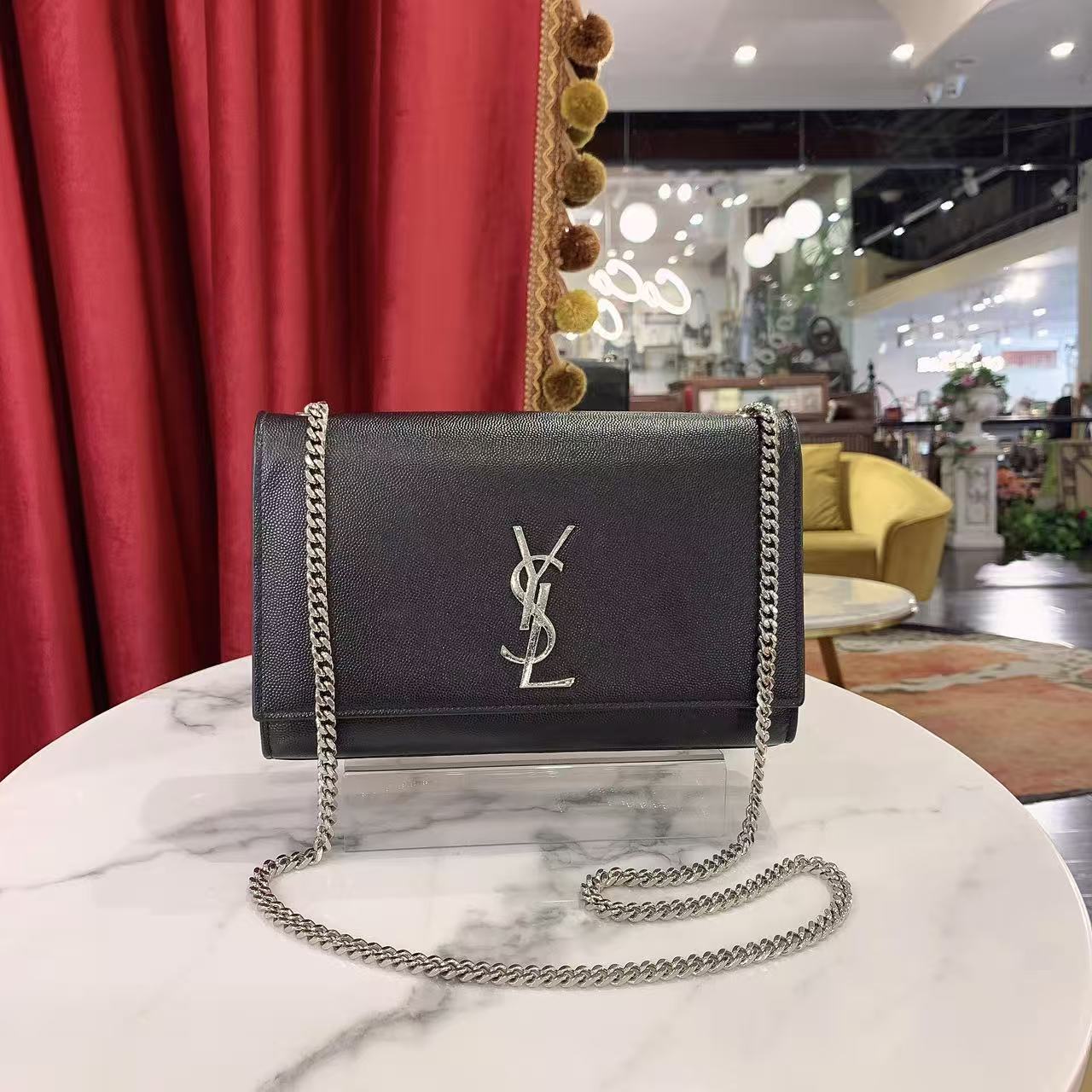 95新 YSL/圣罗兰 GGS圣罗兰Kate中号黑银荔枝牛皮单肩包63503995