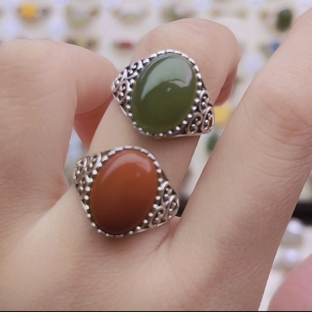 S925银经典复古图腾大椭圆南红玛瑙寓意鸿运当头