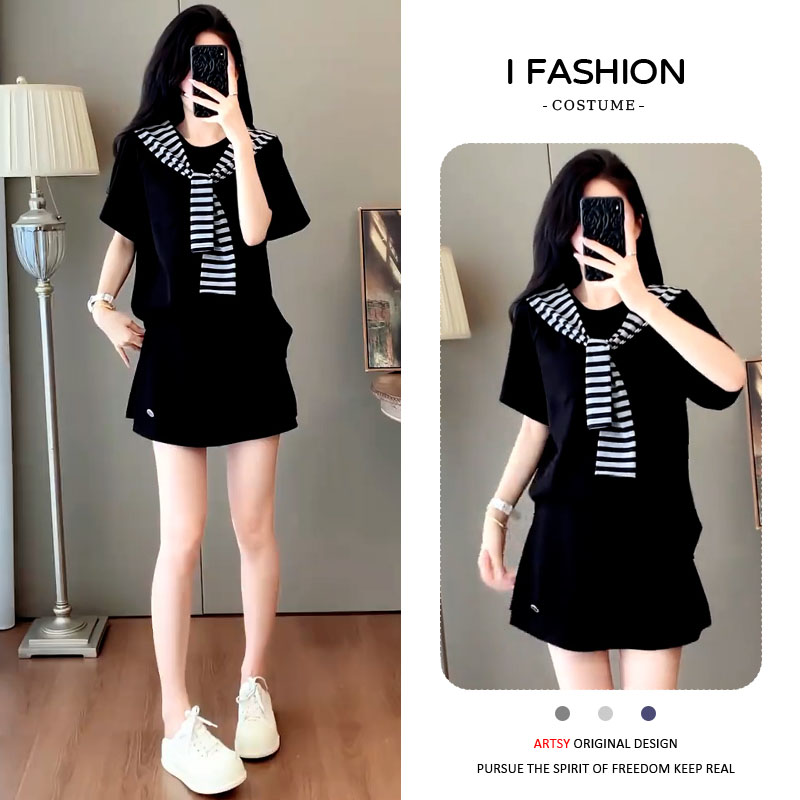 时尚小个子套装女2025年夏季新款休闲减龄宽松短袖t恤裤裙两件套