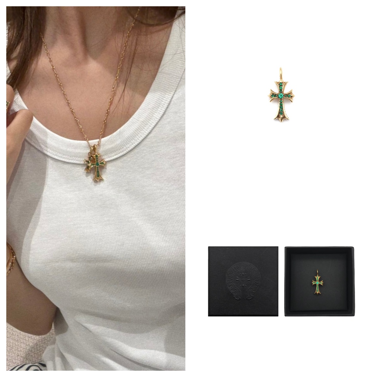 合金吊坠 Chrome Hearts 克罗心 金色Tiny十字绿色项链吊坠