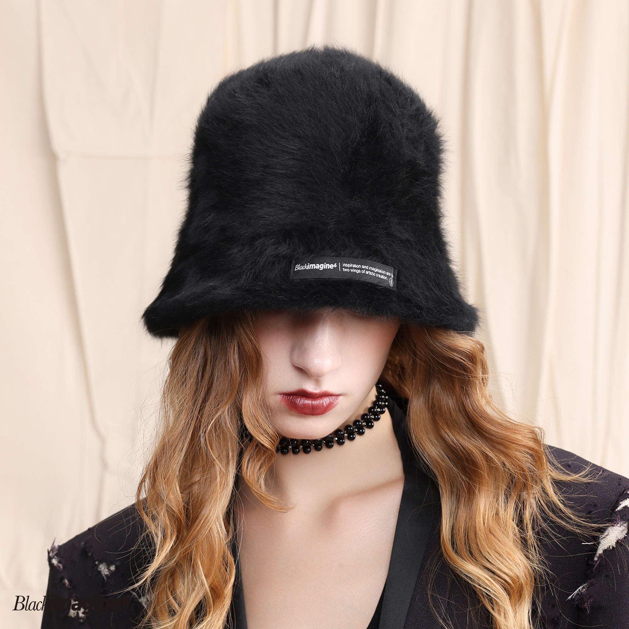 black imagine6宋妍霏同款黑白卡其兔毛毛绒盆帽渔夫帽设计师秋冬