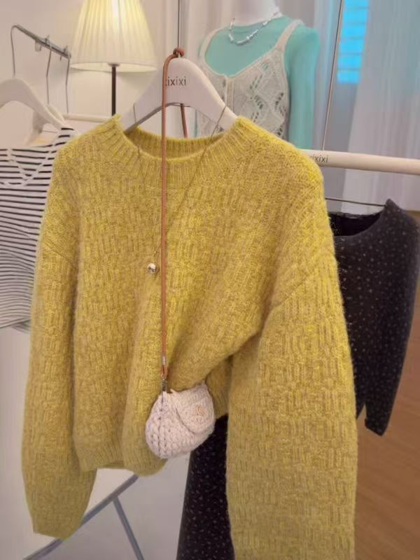 黄色纹理感套头圆领软糯毛衣女秋冬内搭小众宽松慵懒风针织衫上衣