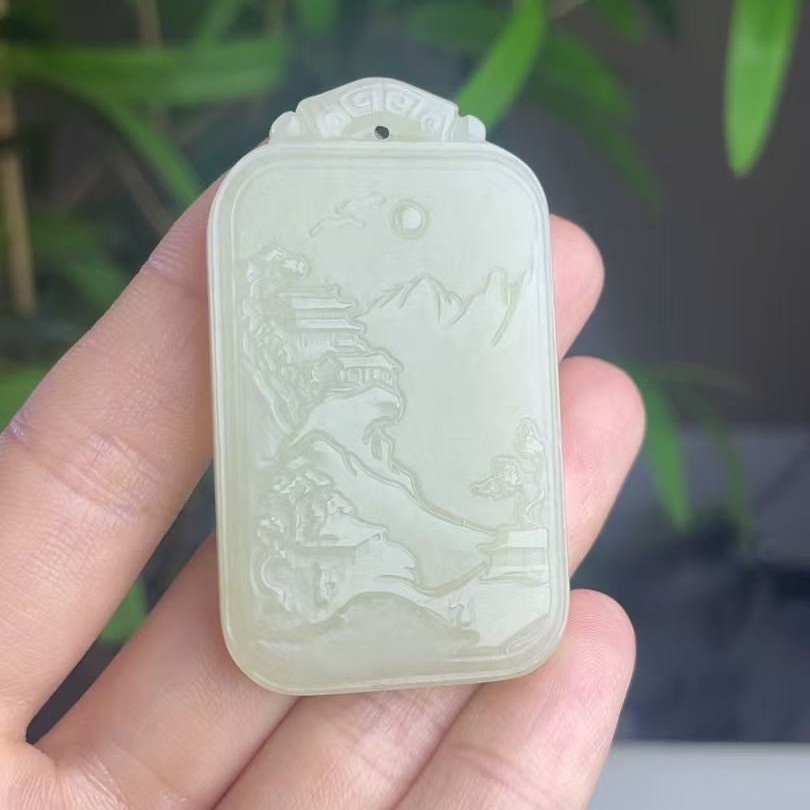 和田玉山水牌男女款方牌吊坠