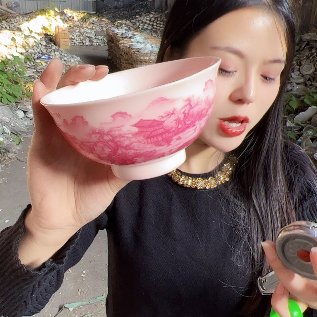 摆件陶景德镇红xixi锦修山河碗2个
