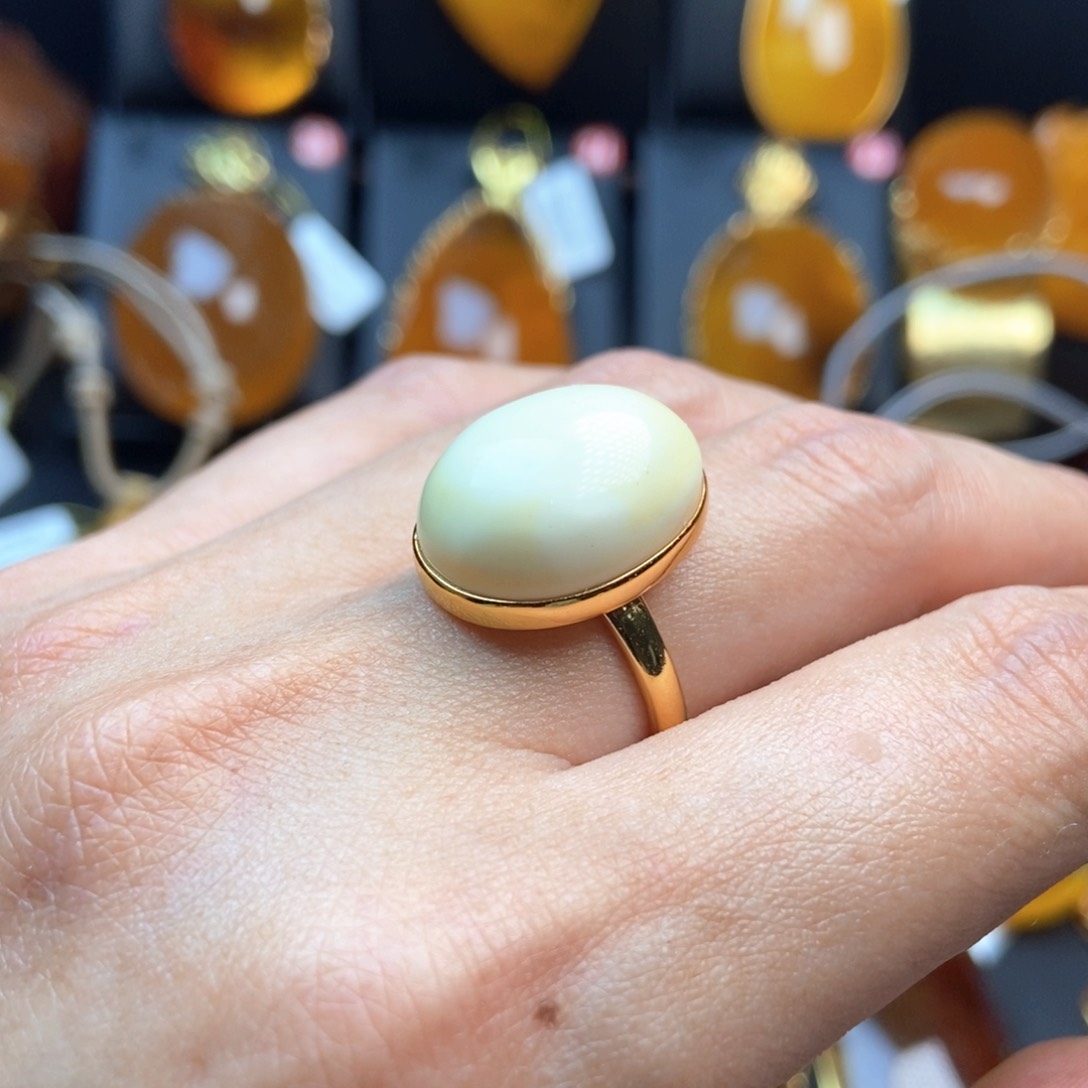 琥珀戒指银S925镀金镶嵌